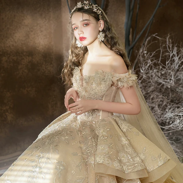 High-end Champagne Bridal Wedding Dresses 2020 Ball Gown Off-The-Shoulder Short Sleeve Backless Beading Appliques Lace Glitter Tulle Cathedral Train Ruffle