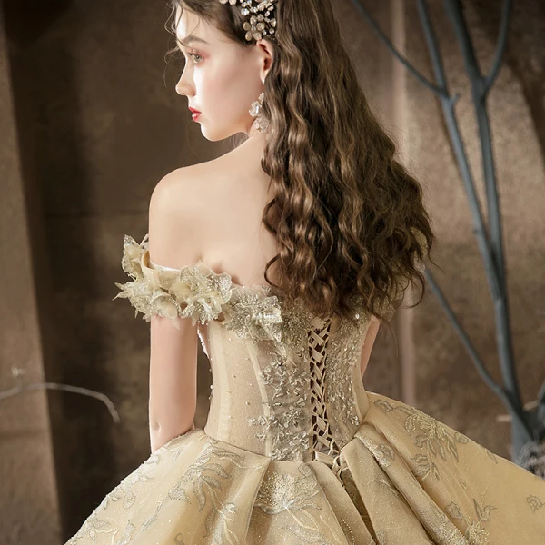 High-end Champagne Bridal Wedding Dresses 2020 Ball Gown Off-The-Shoulder Short Sleeve Backless Beading Appliques Lace Glitter Tulle Cathedral Train Ruffle