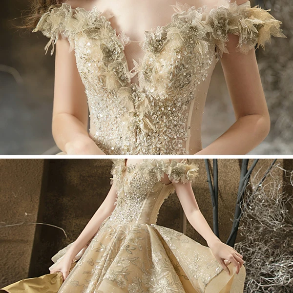 High-end Champagne Bridal Wedding Dresses 2020 Ball Gown Off-The-Shoulder Short Sleeve Backless Beading Appliques Lace Glitter Tulle Cathedral Train Ruffle