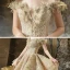 High-end Champagne Bridal Wedding Dresses 2020 Ball Gown Off-The-Shoulder Short Sleeve Backless Beading Appliques Lace Glitter Tulle Cathedral Train Ruffle