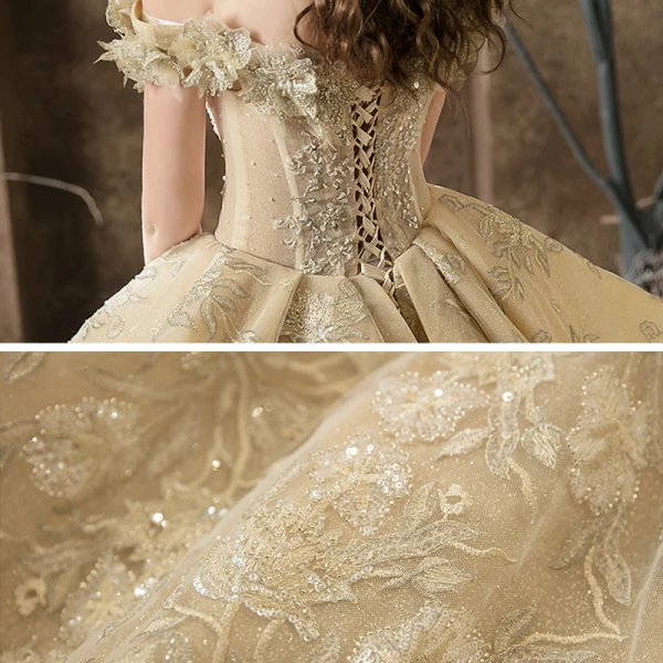 High-end Champagne Bridal Wedding Dresses 2020 Ball Gown Off-The-Shoulder Short Sleeve Backless Beading Appliques Lace Glitter Tulle Cathedral Train Ruffle