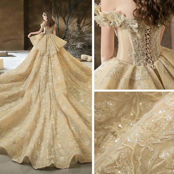 High-end Champagne Bridal Wedding Dresses 2020 Ball Gown Off-The-Shoulder Short Sleeve Backless Beading Appliques Lace Glitter Tulle Cathedral Train Ruffle
