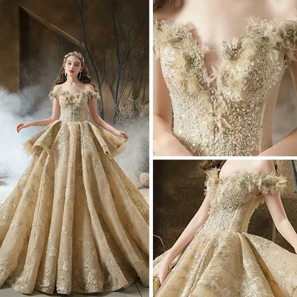 High-end Champagne Bridal Wedding Dresses 2020 Ball Gown Off-The-Shoulder Short Sleeve Backless Beading Appliques Lace Glitter Tulle Cathedral Train Ruffle