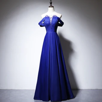 Elegante Koninklijk Blauw Satijn Avondjurken 2020 A Lijn Doorzichtige Ronde Hals Korte Mouwen Kralen Lange Ruche Ruglooze Gelegenheid Jurken