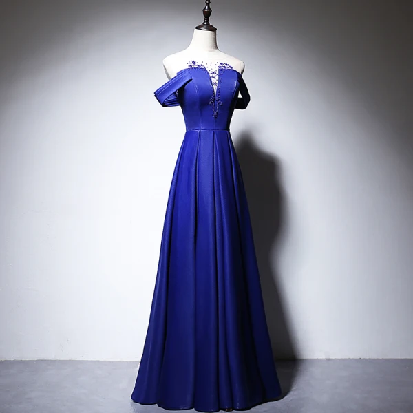 Elegant Royal Blue Satin Evening Dresses 2020 A-Line / Princess See-through Scoop Neck Short Sleeve Beading Floor-Length / Long Ruffle Backless Formal Dresses