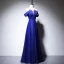 Elegant Royal Blue Satin Evening Dresses  2020 A-Line / Princess See-through Scoop Neck Short Sleeve Beading Floor-Length / Long Ruffle Backless Formal Dresses