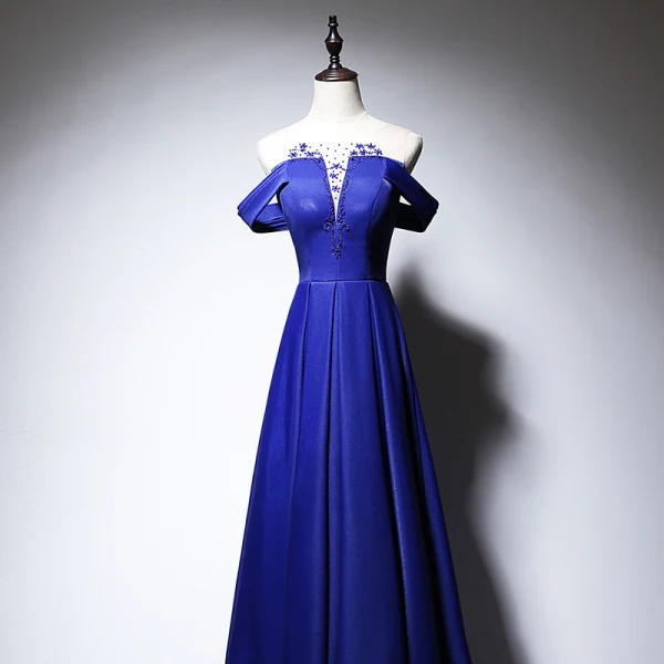 Elegant Royal Blue Satin Evening Dresses 2020 A-Line / Princess See-through Scoop Neck Short Sleeve Beading Floor-Length / Long Ruffle Backless Formal Dresses