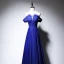 Elegant Royal Blue Satin Evening Dresses  2020 A-Line / Princess See-through Scoop Neck Short Sleeve Beading Floor-Length / Long Ruffle Backless Formal Dresses