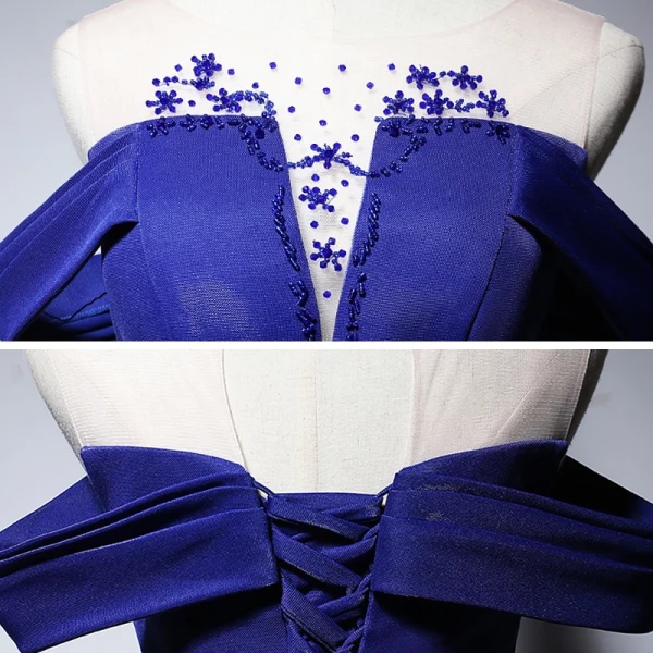 Elegant Royal Blue Satin Evening Dresses 2020 A-Line / Princess See-through Scoop Neck Short Sleeve Beading Floor-Length / Long Ruffle Backless Formal Dresses