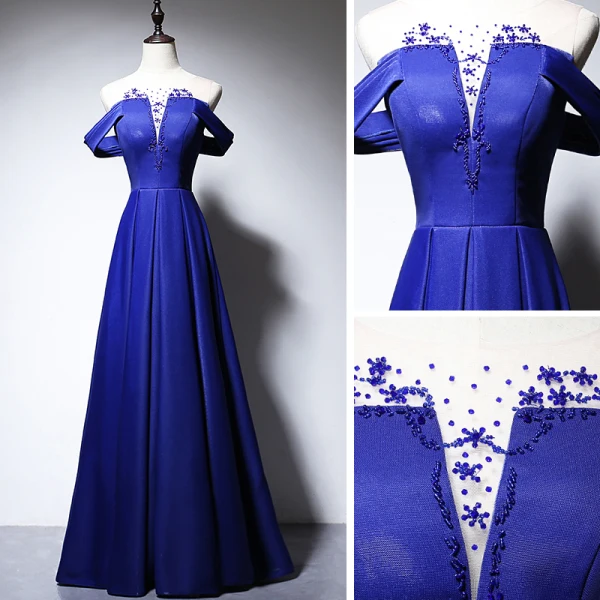 Elegant Royal Blue Satin Evening Dresses 2020 A-Line / Princess See-through Scoop Neck Short Sleeve Beading Floor-Length / Long Ruffle Backless Formal Dresses