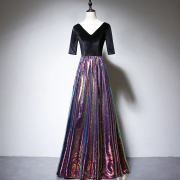 Coloré Multi Couleurs Daim Robe De Soirée 2020 Princesse V Cou 1 2 Manches Paillettes Longue Volants Dos Nu Robe De Ceremonie