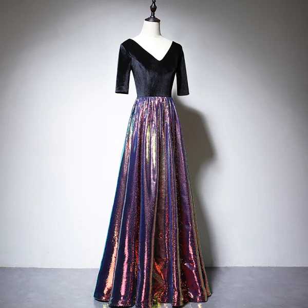 Coloré Multi-Couleurs Daim Robe De Soirée 2020 Princesse V-Cou 1/2 Manches Paillettes Longue Volants Dos Nu Robe De Ceremonie