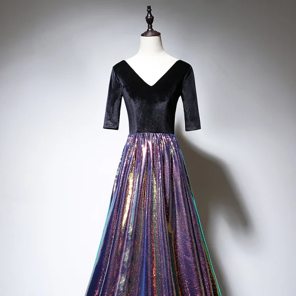 Coloré Multi-Couleurs Daim Robe De Soirée 2020 Princesse V-Cou 1/2 Manches Paillettes Longue Volants Dos Nu Robe De Ceremonie