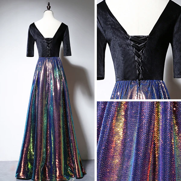 Coloré Multi-Couleurs Daim Robe De Soirée 2020 Princesse V-Cou 1/2 Manches Paillettes Longue Volants Dos Nu Robe De Ceremonie