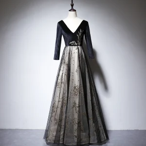 Chic Belle Noire Daim Robe De Soirée 2020 Princesse V Cou Manches Longues Appliques Paillettes Perlage Longue Dos Nu Robe De Ceremonie
