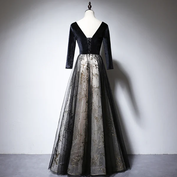 Chic / Belle Noire Daim Robe De Soirée 2020 Princesse V-Cou Manches Longues Appliques Paillettes Perlage Longue Dos Nu Robe De Ceremonie