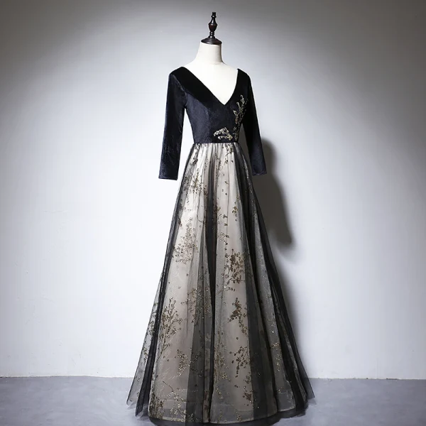 Chic / Belle Noire Daim Robe De Soirée 2020 Princesse V-Cou Manches Longues Appliques Paillettes Perlage Longue Dos Nu Robe De Ceremonie