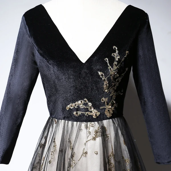 Chic / Belle Noire Daim Robe De Soirée 2020 Princesse V-Cou Manches Longues Appliques Paillettes Perlage Longue Dos Nu Robe De Ceremonie