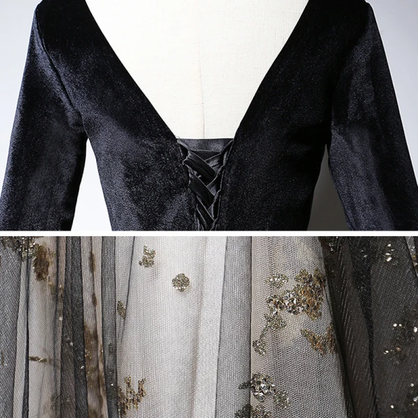 Chic / Belle Noire Daim Robe De Soirée 2020 Princesse V-Cou Manches Longues Appliques Paillettes Perlage Longue Dos Nu Robe De Ceremonie