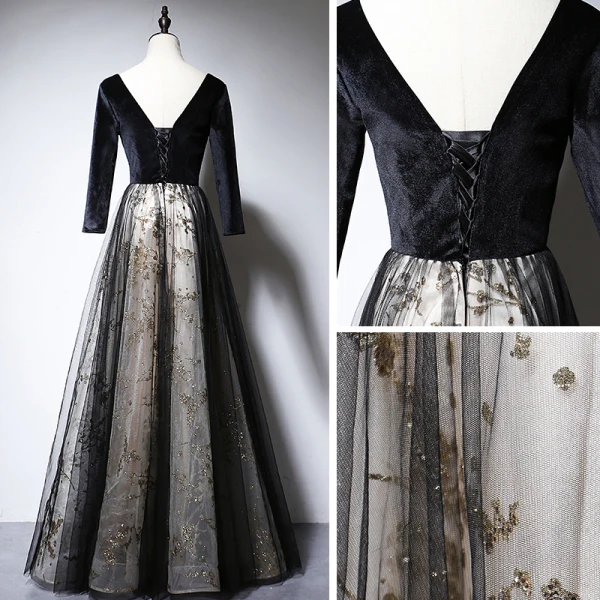 Chic / Belle Noire Daim Robe De Soirée 2020 Princesse V-Cou Manches Longues Appliques Paillettes Perlage Longue Dos Nu Robe De Ceremonie