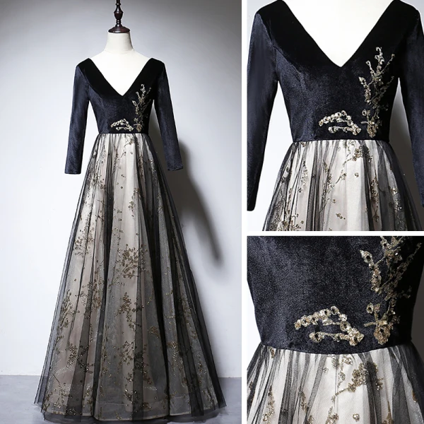 Chic / Belle Noire Daim Robe De Soirée 2020 Princesse V-Cou Manches Longues Appliques Paillettes Perlage Longue Dos Nu Robe De Ceremonie