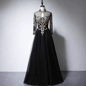 Vintage Originale Noire Transparentes Robe De Soirée 2020 Princesse Col Haut Manches Longues Appliques Glitter Longue Volants Robe De Ceremonie