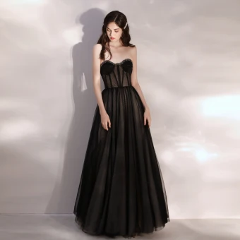Sexy Transparentes Noire Robe De Bal 2020 Princesse Amoureux Sans Manches Perlage Longue Volants Dos Nu Robe De Ceremonie