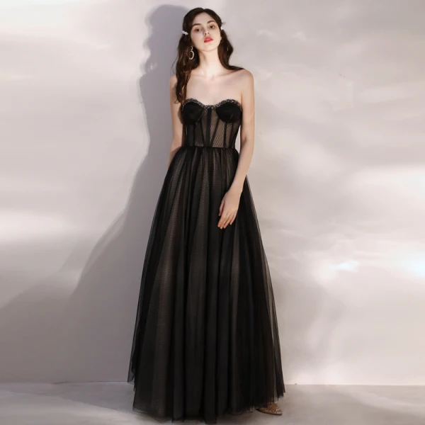 Sexy See-through Black Prom Dresses 2020 A-Line / Princess Sweetheart Sleeveless Beading Floor-Length / Long Ruffle Backless Formal Dresses