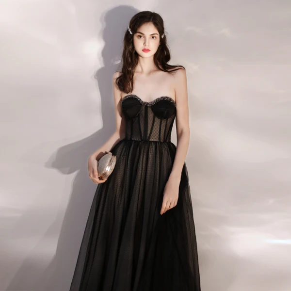 Sexy See-through Black Prom Dresses 2020 A-Line / Princess Sweetheart Sleeveless Beading Floor-Length / Long Ruffle Backless Formal Dresses