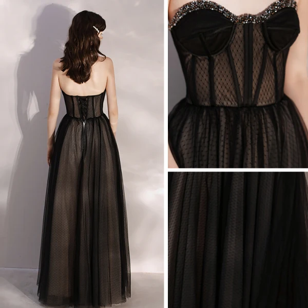 Sexy See-through Black Prom Dresses 2020 A-Line / Princess Sweetheart Sleeveless Beading Floor-Length / Long Ruffle Backless Formal Dresses
