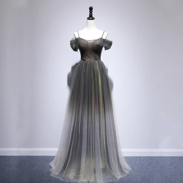Chic Belle Gris Vert Robe De Soirée 2020 Princesse Bretelles Spaghetti Manches Courtes Perlage Longue Volants Dos Nu Robe De Ceremonie