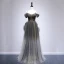 Chic / Beautiful Grey Green Evening Dresses  2020 A-Line / Princess Spaghetti Straps Short Sleeve Beading Floor-Length / Long Ruffle Backless Formal Dresses