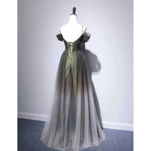 Chic / Beautiful Grey Green Evening Dresses  2020 A-Line / Princess Spaghetti Straps Short Sleeve Beading Floor-Length / Long Ruffle Backless Formal Dresses