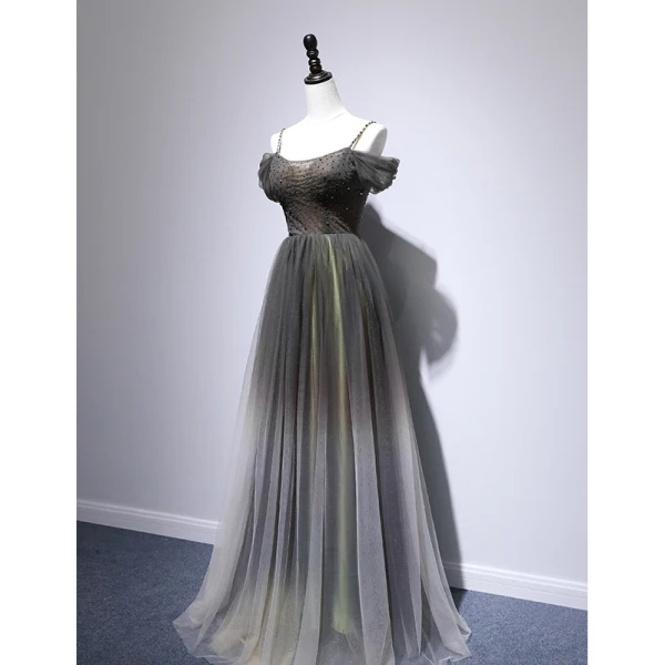 Chic / Beautiful Grey Green Evening Dresses  2020 A-Line / Princess Spaghetti Straps Short Sleeve Beading Floor-Length / Long Ruffle Backless Formal Dresses