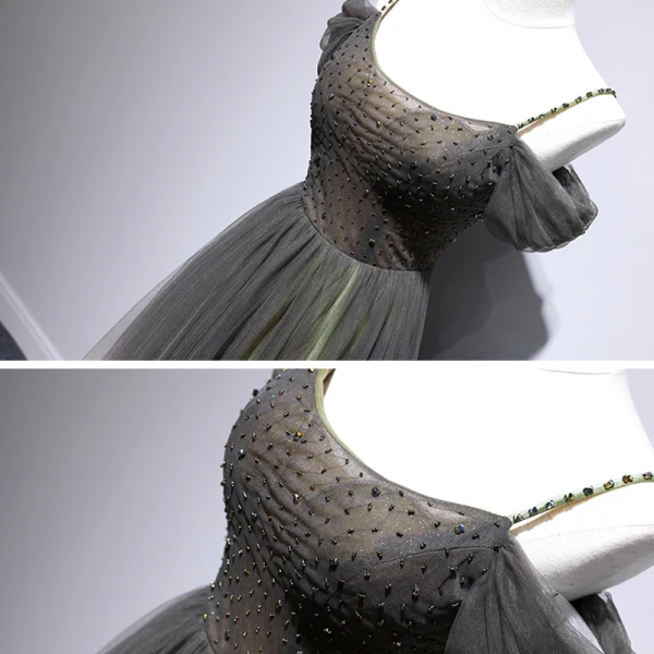 Chic / Beautiful Grey Green Evening Dresses  2020 A-Line / Princess Spaghetti Straps Short Sleeve Beading Floor-Length / Long Ruffle Backless Formal Dresses