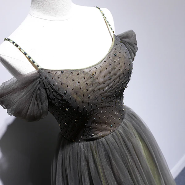Chic / Beautiful Grey Green Evening Dresses  2020 A-Line / Princess Spaghetti Straps Short Sleeve Beading Floor-Length / Long Ruffle Backless Formal Dresses