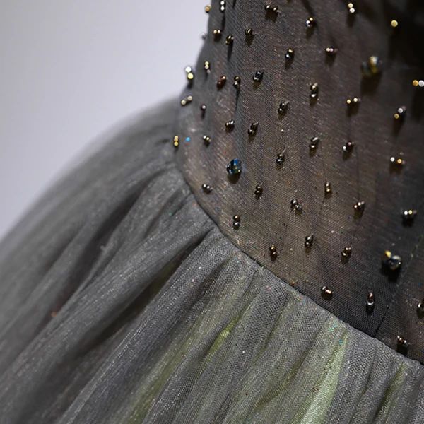 Chic / Beautiful Grey Green Evening Dresses  2020 A-Line / Princess Spaghetti Straps Short Sleeve Beading Floor-Length / Long Ruffle Backless Formal Dresses