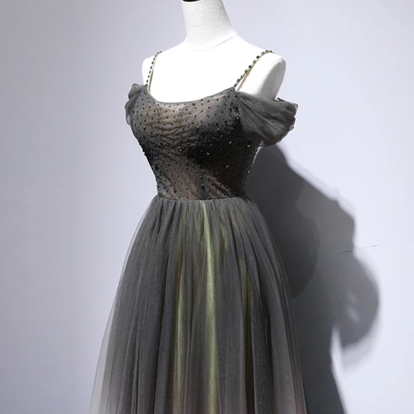 Chic / Beautiful Grey Green Evening Dresses  2020 A-Line / Princess Spaghetti Straps Short Sleeve Beading Floor-Length / Long Ruffle Backless Formal Dresses