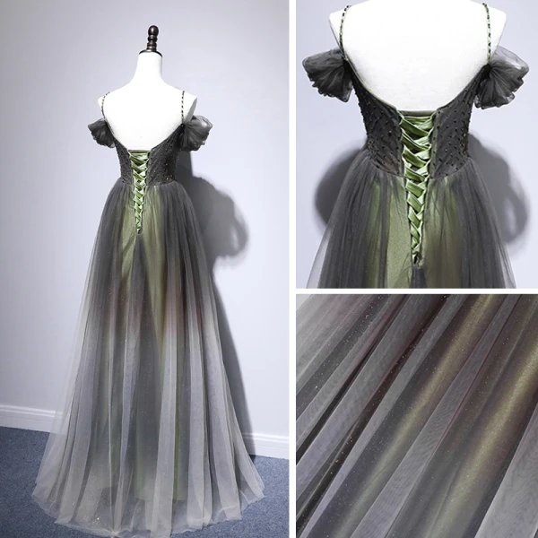 Chic / Beautiful Grey Green Evening Dresses  2020 A-Line / Princess Spaghetti Straps Short Sleeve Beading Floor-Length / Long Ruffle Backless Formal Dresses