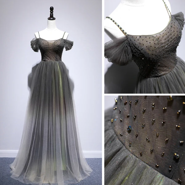 Chic / Beautiful Grey Green Evening Dresses  2020 A-Line / Princess Spaghetti Straps Short Sleeve Beading Floor-Length / Long Ruffle Backless Formal Dresses
