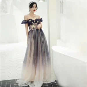 Élégant Violet Dégradé De Couleur Transparentes Robe De Bal 2020 Princesse De L 039 Épaule Gonflée Manches Courtes Étoile Paillettes Glitter Tulle Longue Volants Dos Nu Robe De Ceremonie