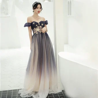 Elegant Purple Gradient Color See Through Prom Dresses 2020 A Line Princess Off The Shoulder Puffy Short Sleeve Star Sequins Glitter Tulle Floor Length Long Ruffle Backless Formal Dresses