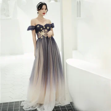 Élégant Violet Dégradé De Couleur Transparentes Robe De Bal 2020 Princesse De L 039 Épaule Gonflée Manches Courtes Étoile Paillettes Glitter Tulle Longue Volants Dos Nu Robe De Ceremonie