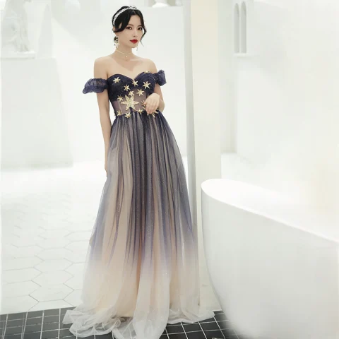 Élégant Violet Dégradé De Couleur Transparentes Robe De Bal 2020 Princesse De l'épaule Gonflée Manches Courtes Étoile Paillettes Glitter Tulle Longue Volants Dos Nu Robe De Ceremonie