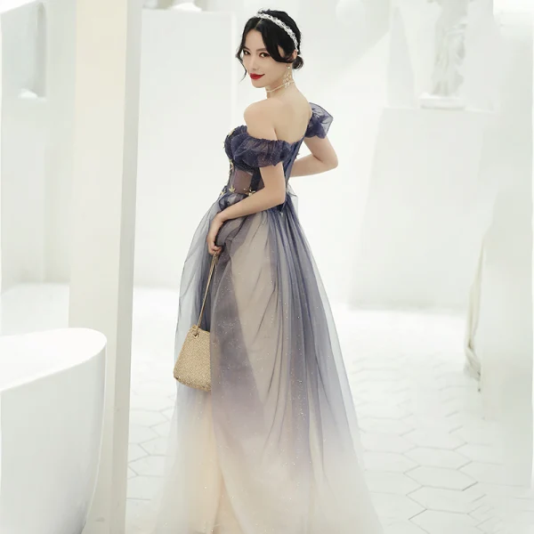 Élégant Violet Dégradé De Couleur Transparentes Robe De Bal 2020 Princesse De l'épaule Gonflée Manches Courtes Étoile Paillettes Glitter Tulle Longue Volants Dos Nu Robe De Ceremonie