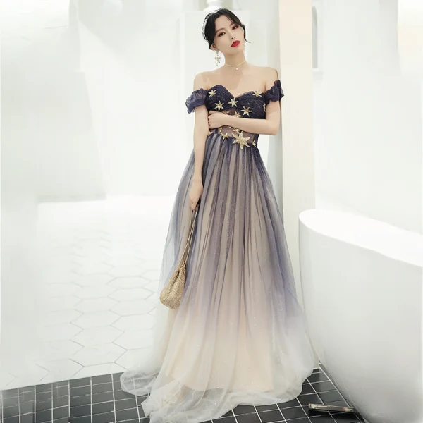 Élégant Violet Dégradé De Couleur Transparentes Robe De Bal 2020 Princesse De l'épaule Gonflée Manches Courtes Étoile Paillettes Glitter Tulle Longue Volants Dos Nu Robe De Ceremonie