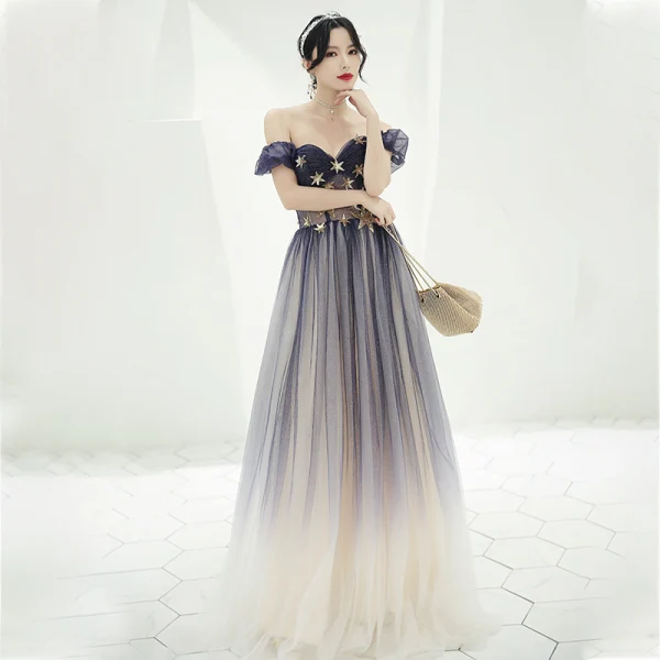 Élégant Violet Dégradé De Couleur Transparentes Robe De Bal 2020 Princesse De l'épaule Gonflée Manches Courtes Étoile Paillettes Glitter Tulle Longue Volants Dos Nu Robe De Ceremonie