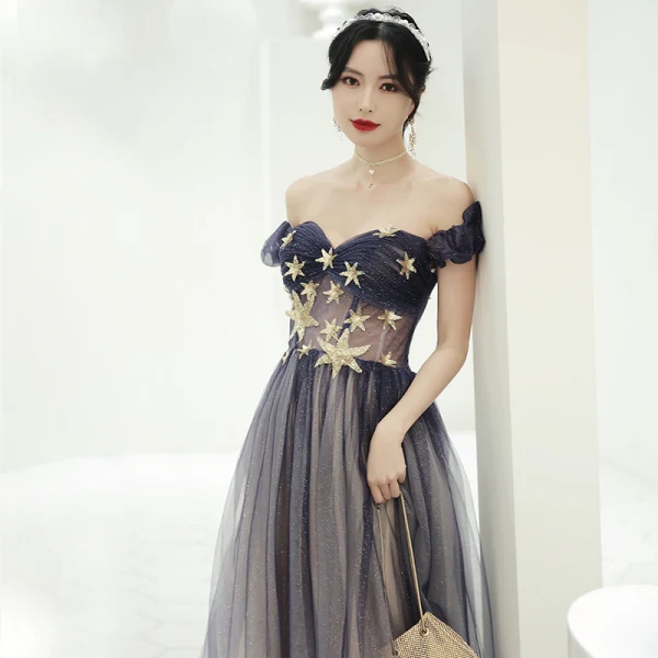 Élégant Violet Dégradé De Couleur Transparentes Robe De Bal 2020 Princesse De l'épaule Gonflée Manches Courtes Étoile Paillettes Glitter Tulle Longue Volants Dos Nu Robe De Ceremonie