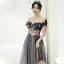 Élégant Violet Dégradé De Couleur Transparentes Robe De Bal 2020 Princesse De l'épaule Gonflée Manches Courtes Étoile Paillettes Glitter Tulle Longue Volants Dos Nu Robe De Ceremonie