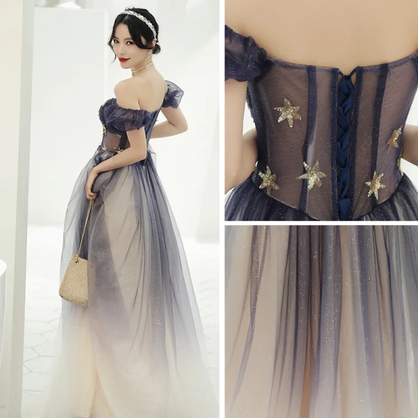 Élégant Violet Dégradé De Couleur Transparentes Robe De Bal 2020 Princesse De l'épaule Gonflée Manches Courtes Étoile Paillettes Glitter Tulle Longue Volants Dos Nu Robe De Ceremonie